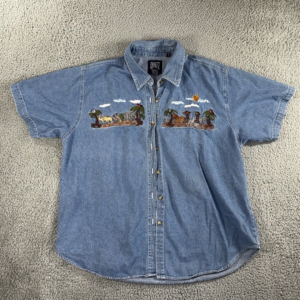 Quizz Safari Embroidered Denim Shirt Womens 20 Blue S/S Boxy Grandmacore Novelty
